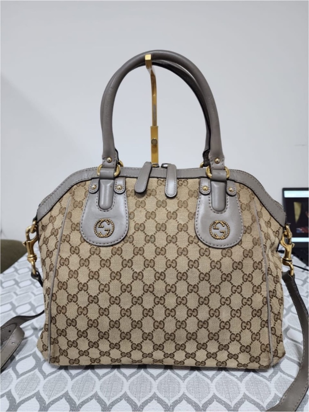 Authentic GUCCI GG Canvas Scarlett Medium Top Satchel Bag Beige/Brown